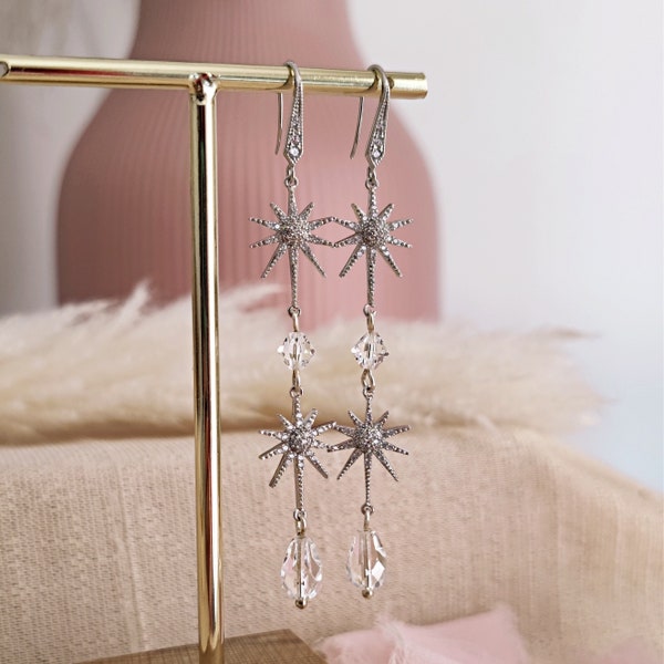 Boucles d’oreilles nuptiales célestes, boucles d’oreilles Long Starburst, boucles d’oreilles Sparkling Stars, version argentée