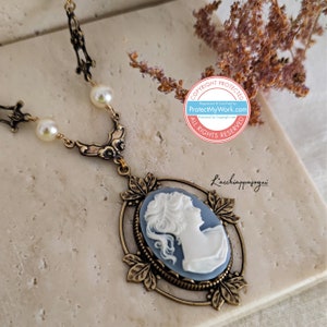 Victorian Cameo Necklace with Floral accents, Victorian Light Blue Lady Cameo Necklace image 1