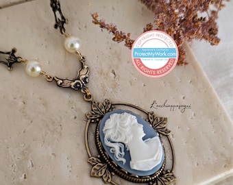 Victorian Cameo Necklace with Floral accents, Victorian Light Blue Lady Cameo Necklace
