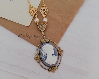 Victoriaanse Cameo ketting met art deco accenten, Victoriaanse lichtblauwe Lady Cameo ketting