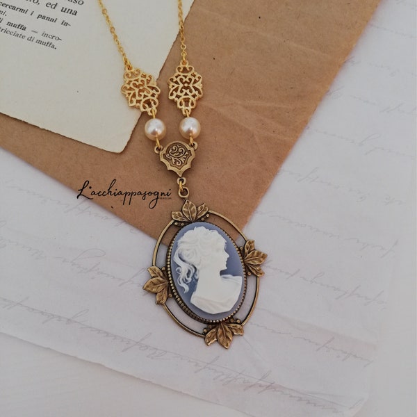 Victorian Cameo Necklace with art deco accents, Victorian Light Blue Lady Cameo Necklace