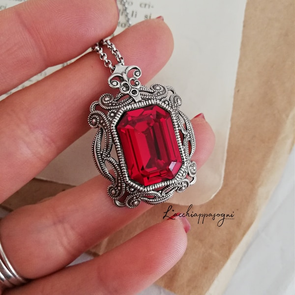 Victorian Art Deco Ruby Necklace, Bookish Necklace, Victorian Red Ruby Crystal Necklace