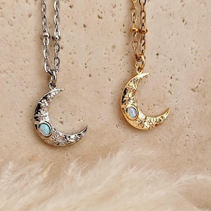 Celestial Gold Crescent Moon Necklace with Opal and Cubic Zirconia, Gold Dainty Minimalist Boho Half Moon Pendant // MoonMagic