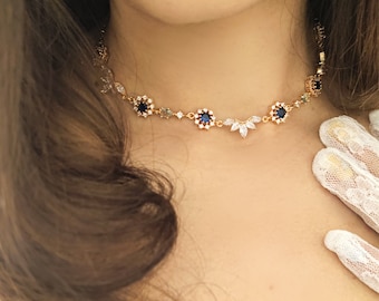 Blau oder Grün Crystal Regency Choker: Vergoldete Halskette mit Zirkonia // FRANCESCA