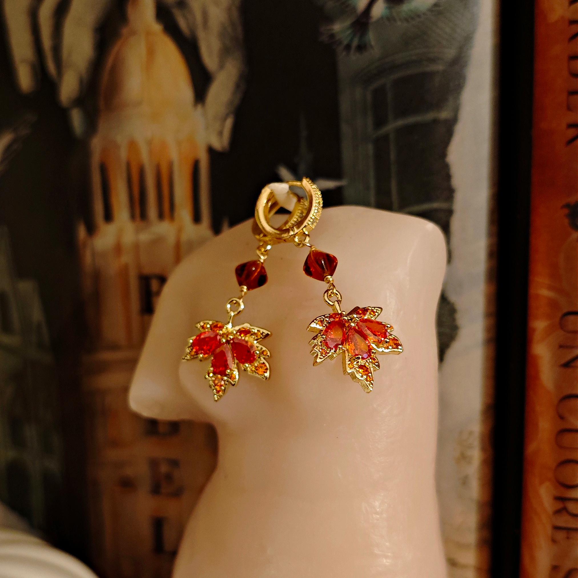 Autumn Maple Leaf Earrings: Gold or Silver Hoops, Cubic Zirconia ...