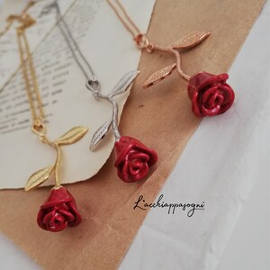 Rose Pendant Necklace, Rose Flower, Enamel Epoxy Red Rose, Gold Plated, Rhodium Plated, Rose Gold Plated Rose Necklace image 6