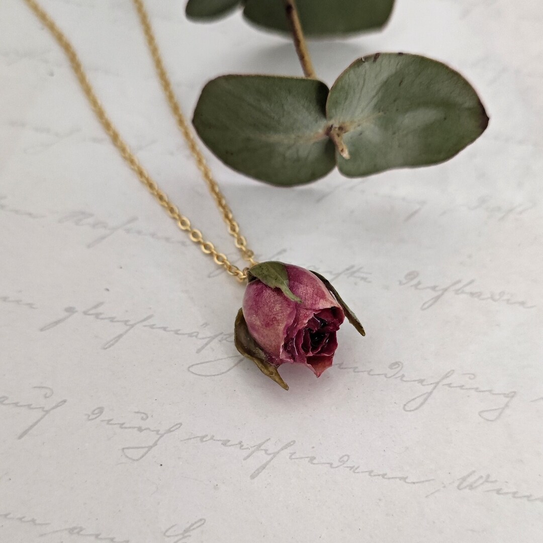 Real Rose Bud Necklace, Resin Dried Flower Rose Necklace, Rose Flower