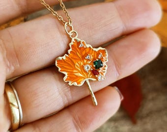 Autumn Maple Leaf Necklace: Gold Plated Brass Pendant with Crystals // ORANGE MAPLE