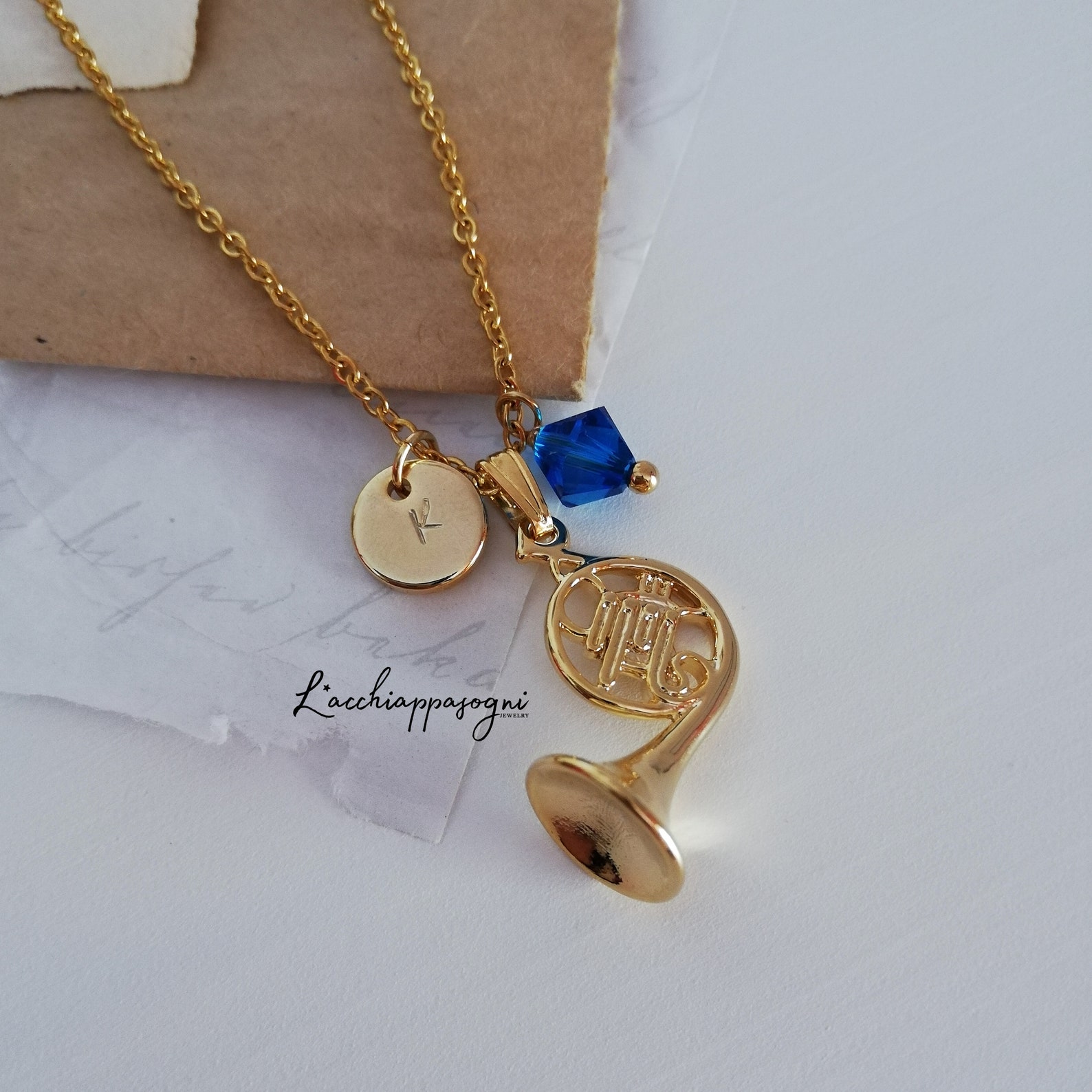 Blue French Horn Necklace With Engraved Initial Etsy