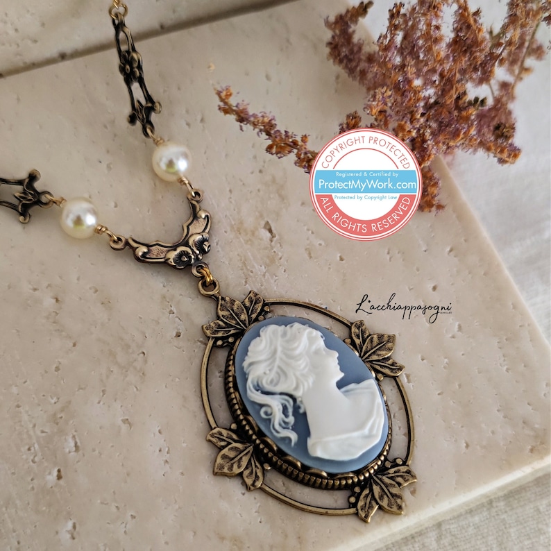 Victorian Cameo Necklace with Floral accents, Victorian Light Blue Lady Cameo Necklace image 1