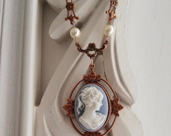 Victorian Cameo Necklace: Rose Gold Floral, Light Blue Resin