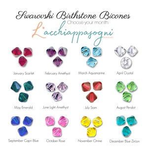 May include: A chart showing Swarovski birthstone bicones for each month of the year. The bicones are arranged in rows of four, with each row representing a different month. The bicones are all the same size and shape, but they are different colors, representing the birthstone for each month. The chart is labeled with the name of each month and the corresponding birthstone.