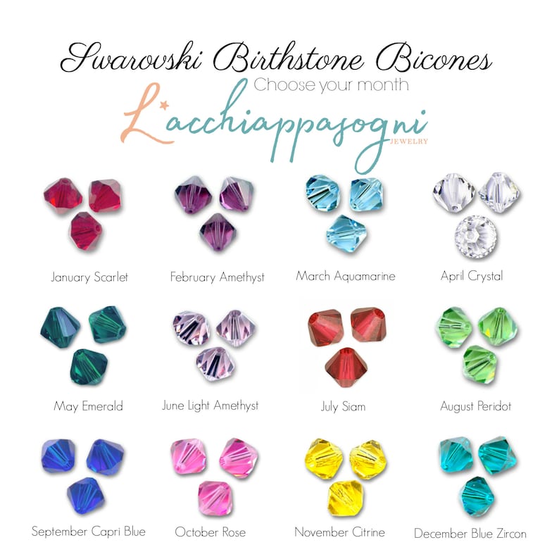 May include: A chart showing Swarovski birthstone bicones for each month of the year. The bicones are arranged in rows of four, with each row representing a different month. The bicones are all the same size and shape, but they are different colors, representing the birthstone for each month. The chart is labeled with the name of each month and the corresponding birthstone.