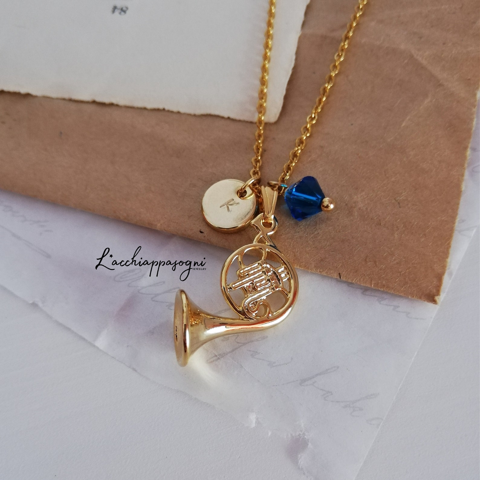 Blue French Horn Necklace With Engraved Initial Etsy