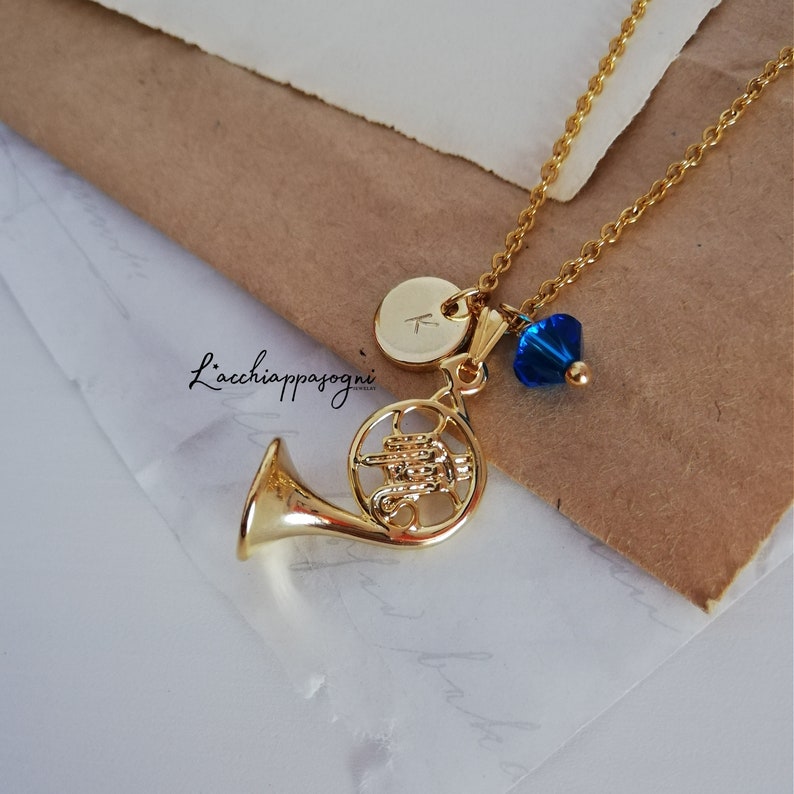 Blue French Horn Necklace With Engraved Initial Etsy
