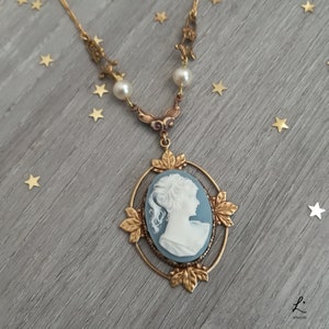 Victorian Cameo Necklace with Floral accents, Victorian Light Blue Lady Cameo Necklace image 6