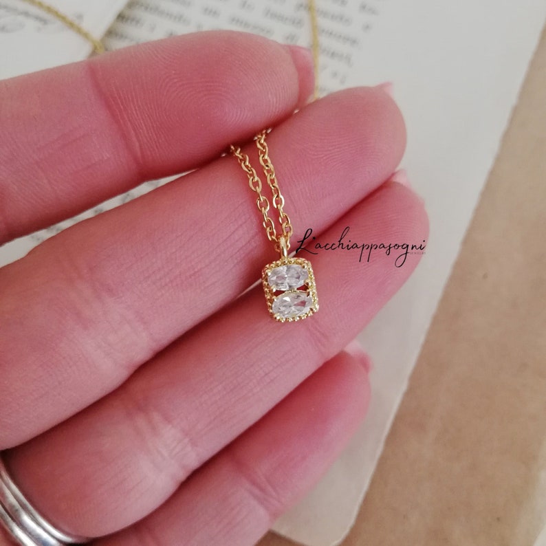 Tiny Square Cubic Zirconia Charm Necklace, Regency Aesthetic Necklace, Minimal Light Point Necklace image 1