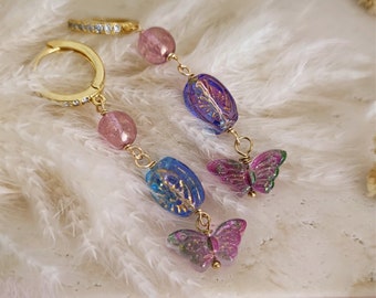 Fairycore Fae Lilac Earrings, Butterfly Fairy Jewelry, Beaded Earrings, Dangle Whimsigoth Earrings, Purple and Blue Romantic Earrings