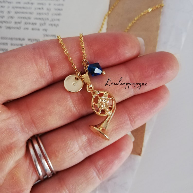 Blue French Horn Necklace With Engraved Initial Etsy