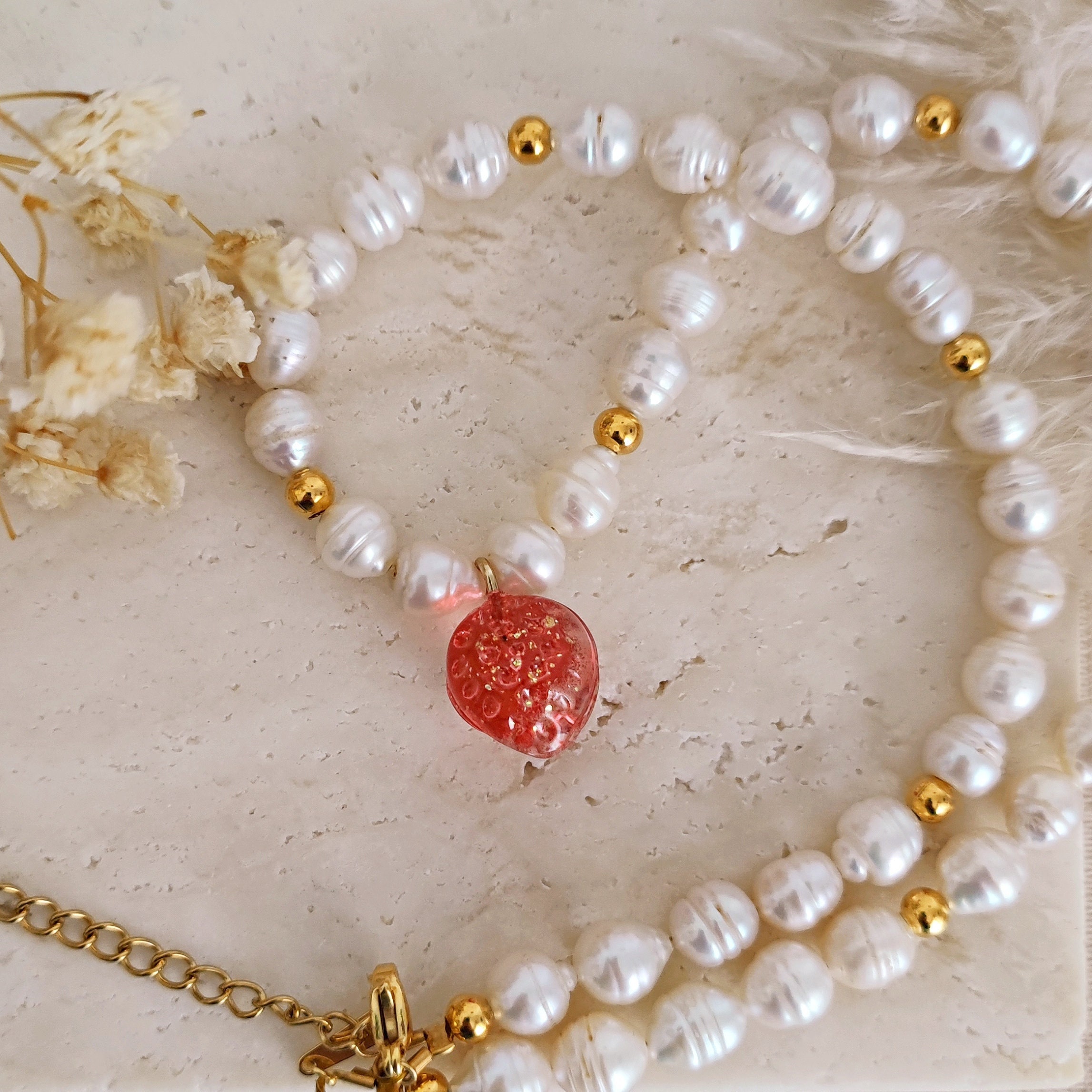 Cottagecore Freshwater Pearls and Strawberry Necklace Handmade