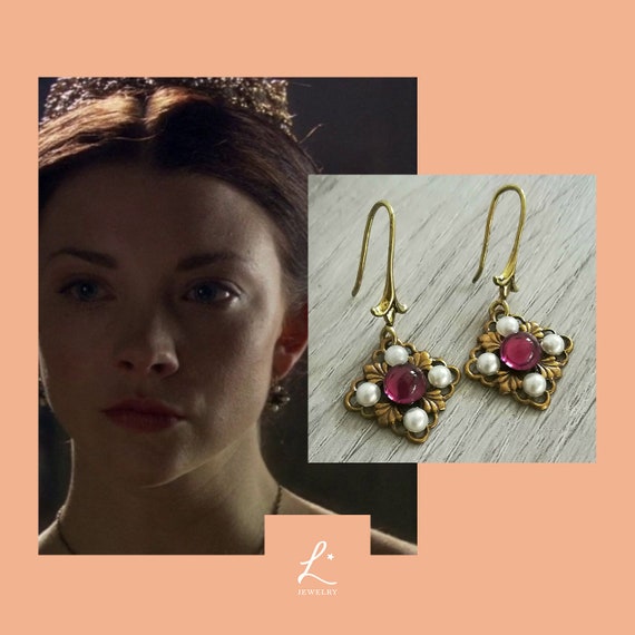 The Tudors jewelry Anne Boleyn Diamond Shape filigree Earrings oxidized brass amethyst white pearl Henry VIII