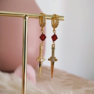 Ares Greek God Ruby Blood Crystals and Daggers Earrings, Greek Mythology Earrings, Dark Academia aesthetic, Coquette Aesthetic