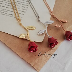 Rose Pendant Necklace, Rose Flower, Enamel Epoxy Red Rose, Gold Plated, Rhodium Plated, Rose Gold Plated Rose Necklace image 7