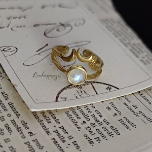 Moon Phases Ring with Moonstone, Adjustable Triple Moon Raw Brass Ring, Lunar Phases Ring