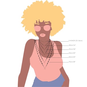 May include: A diagram showing different necklace lengths on a woman with blonde hair. The lengths are labeled in inches and centimeters, starting with a choker at 14-15 inches (35-36 cm) and increasing in 5-inch increments up to 28 inches (70 cm).