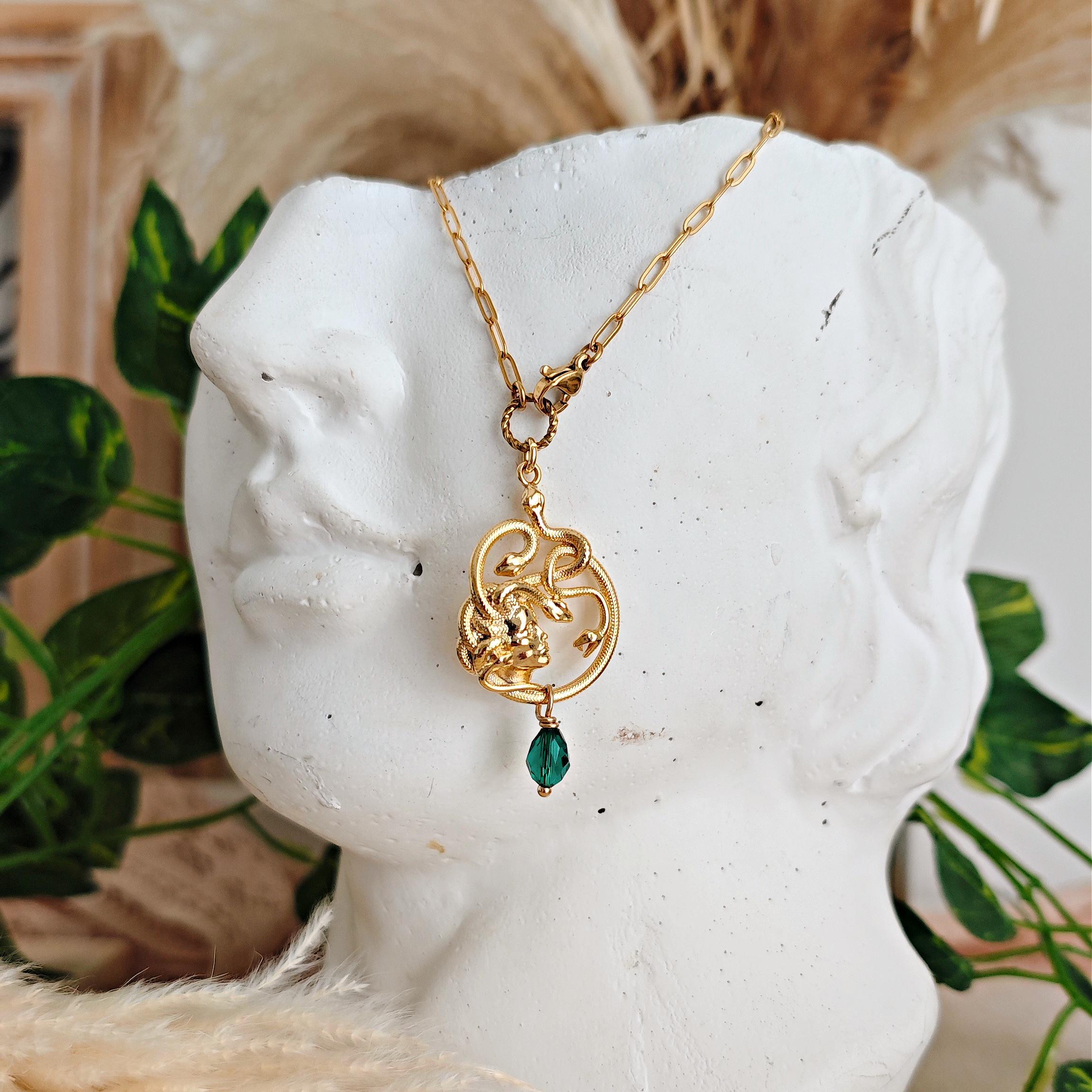 Medusa Necklace: Emerald Crystal, Silver or Gold Greek Mythology