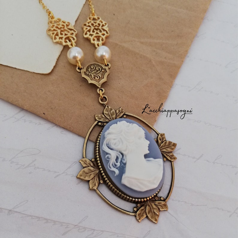 Victorian Cameo Necklace with art deco accents, Victorian Light Blue Lady Cameo Necklace image 4