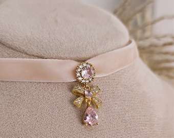 Coquette Pink Velvet Bow Choker: 18k Gold Cubic Zirconia Teardrop