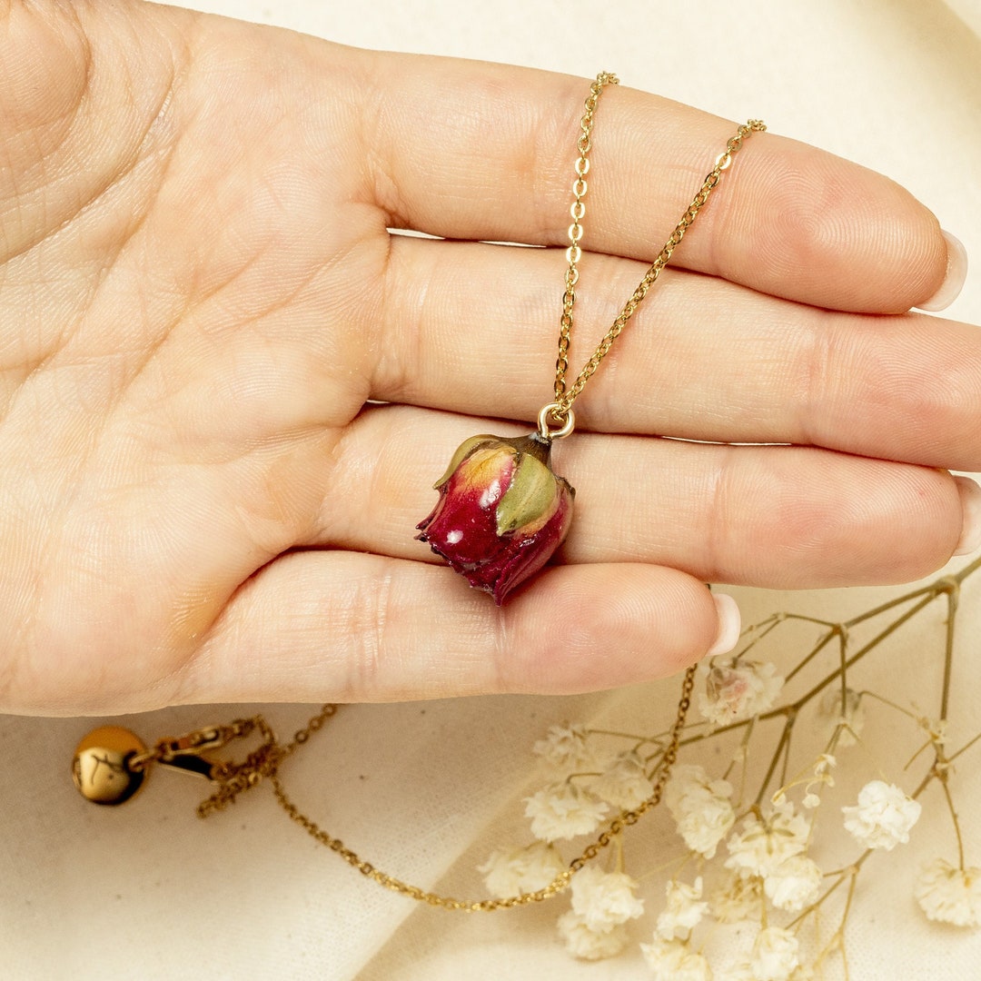 Real Rose Bud Necklace, Resin Dried Flower Rose Necklace, Rose Flower
