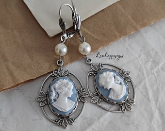 Victorian Cameo Earrings with Light Blue Lady, Art Deco Cameo Earrings