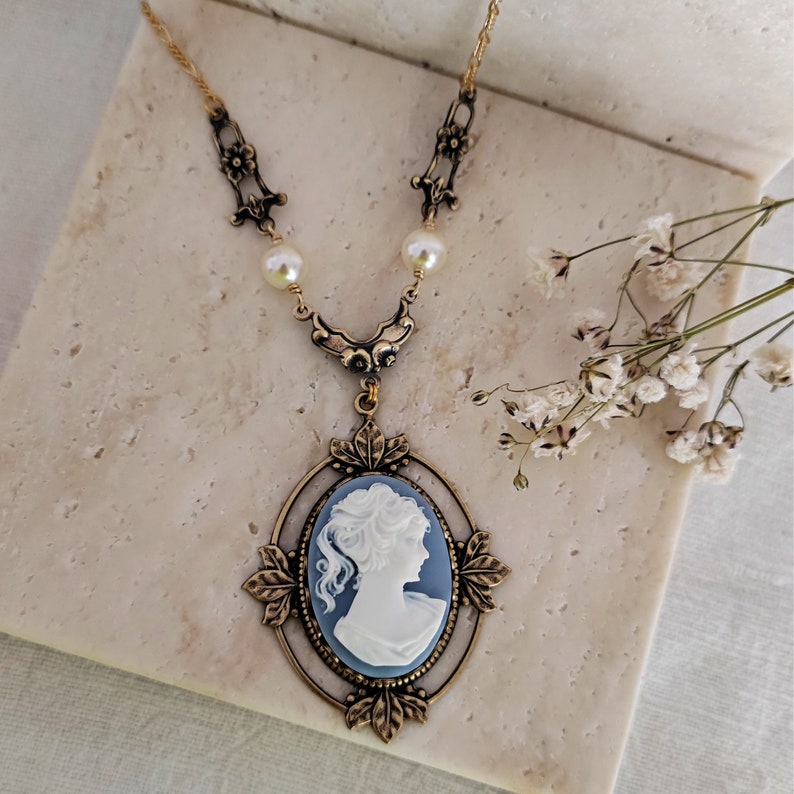 Victorian Cameo Necklace with Floral accents, Victorian Light Blue Lady Cameo Necklace image 2