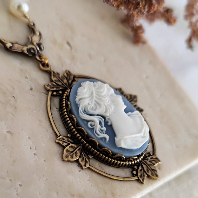 Victorian Cameo Necklace with Floral accents, Victorian Light Blue Lady Cameo Necklace image 4
