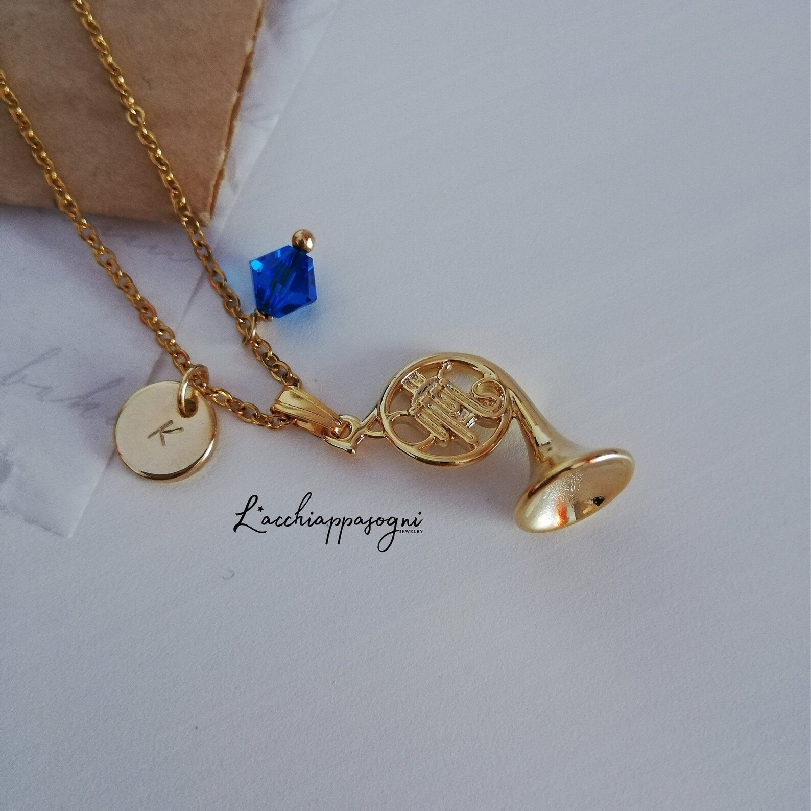 Blue French Horn Necklace With Engraved Initial Etsy