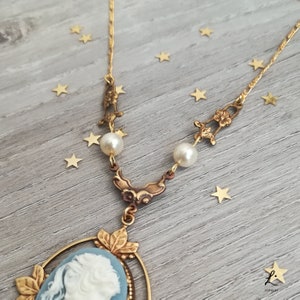 Victorian Cameo Necklace with Floral accents, Victorian Light Blue Lady Cameo Necklace image 10