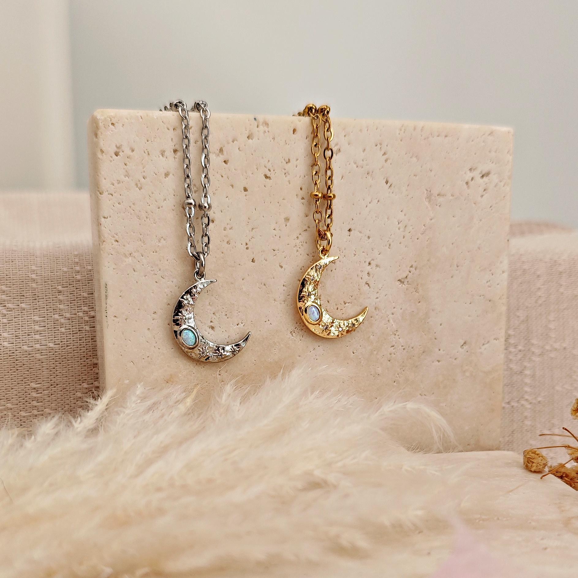 Celestial Gold Crescent Moon Necklace with Opal and Cubic Zirconia, Gold Dainty Minimalist Boho Half Moon Pendant // MoonMagic