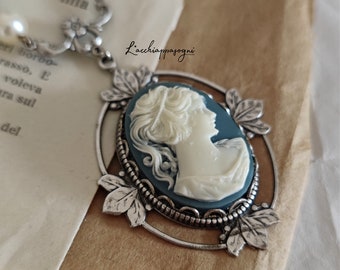 Victorian Cameo Necklace, Light Blue Lady Cameo Necklace, silver version