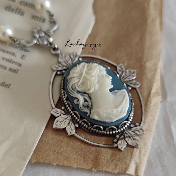 Victorian Cameo Necklace, Light Blue Lady Cameo Necklace, silver version