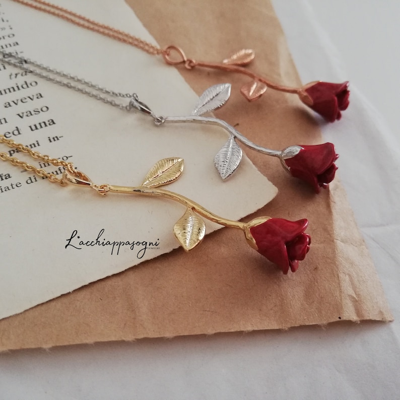 Rose Pendant Necklace, Rose Flower, Enamel Epoxy Red Rose, Gold Plated, Rhodium Plated, Rose Gold Plated Rose Necklace image 1