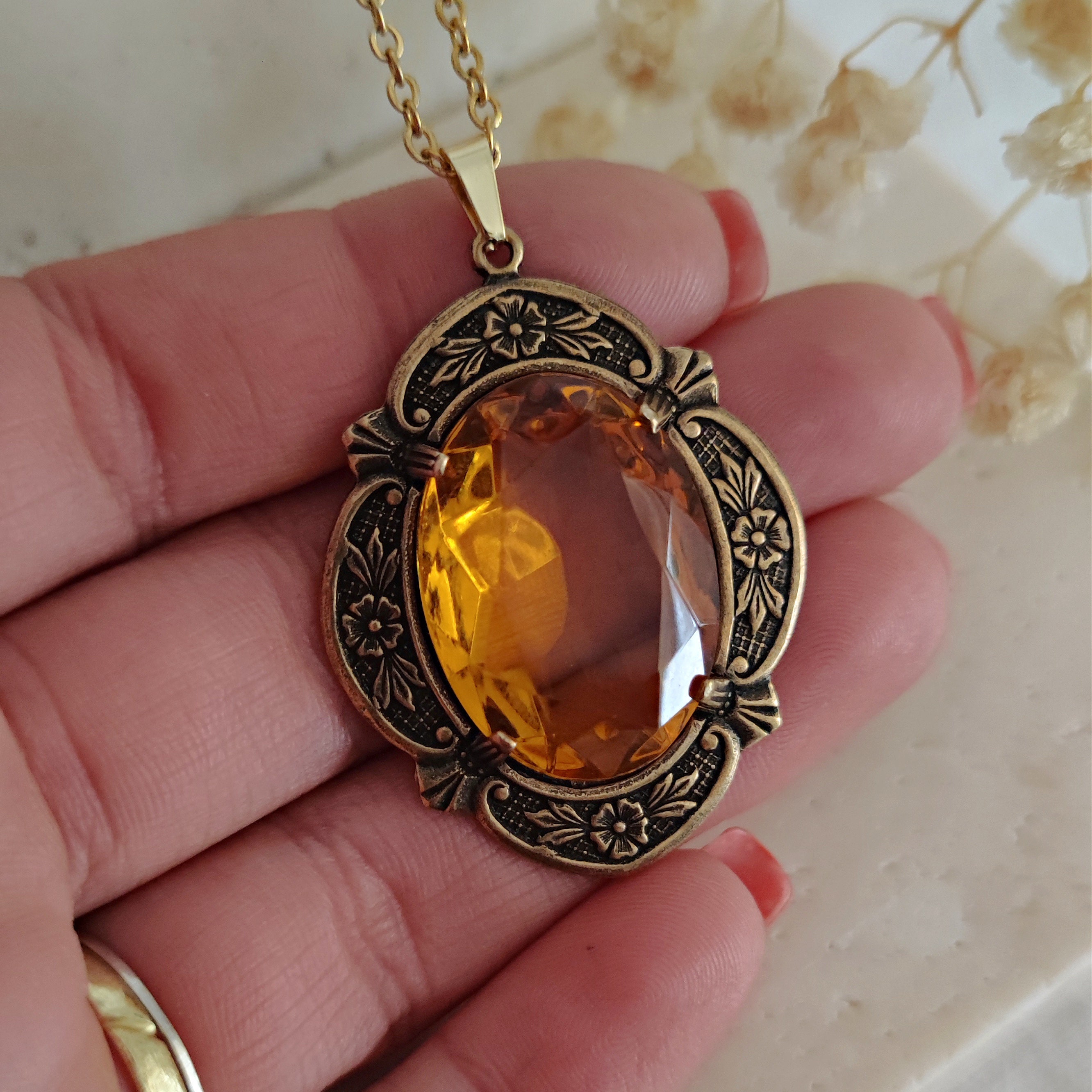 Light Topaz Magic Amulet Necklace, Antiqued Talisman Witch