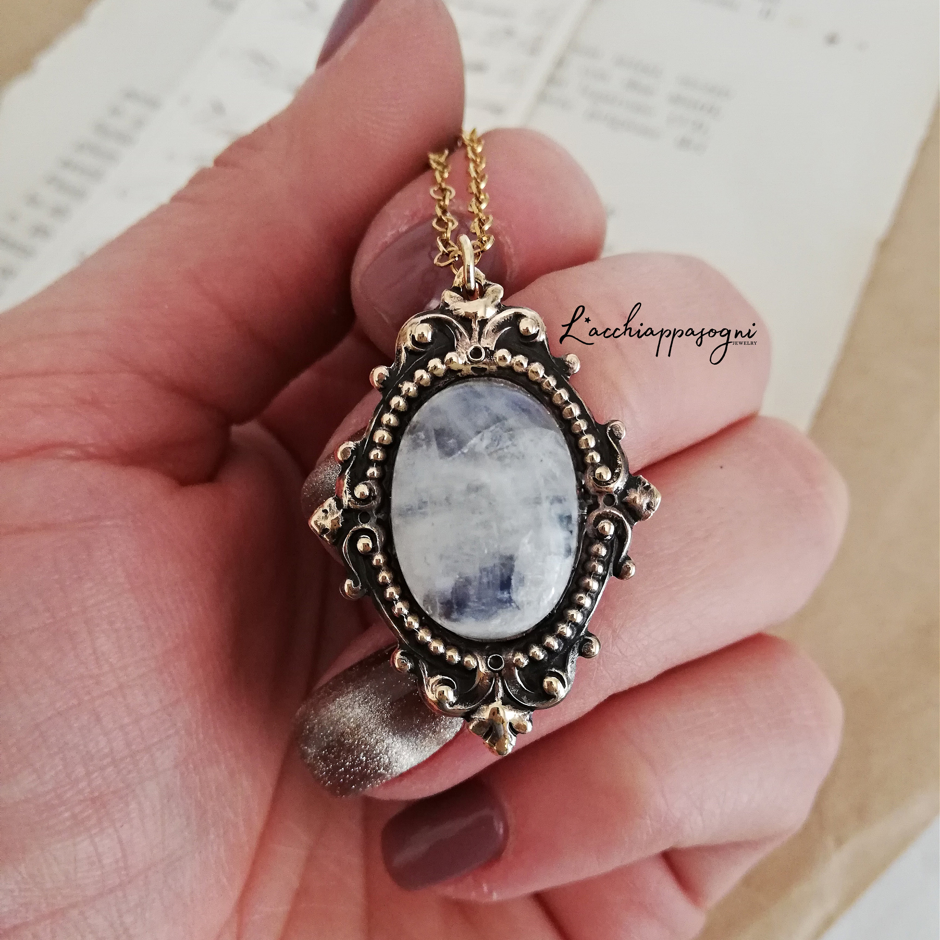 Collana Con Angelo In Pietra Di Luna Arcobaleno: Ciondolo - Foto 8