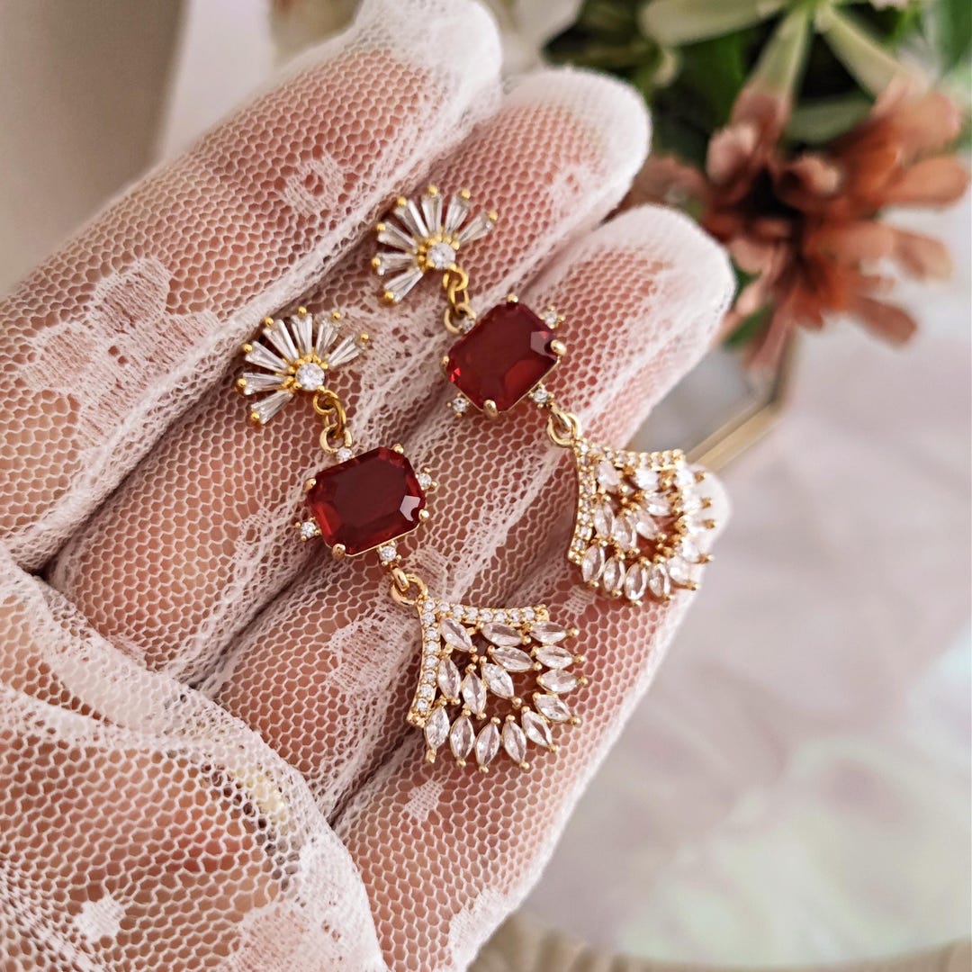 Regency Ruby Red Crystal Earrings: Gold Royalcore Coquette Jewelry