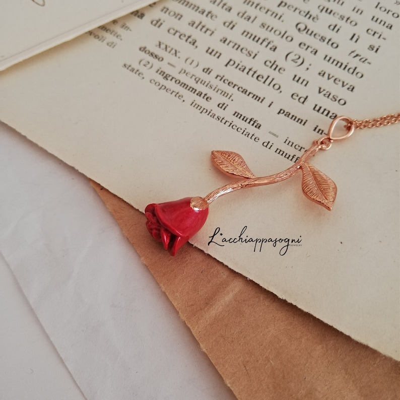 Rose Pendant Necklace, Rose Flower, Enamel Epoxy Red Rose, Gold Plated, Rhodium Plated, Rose Gold Plated Rose Necklace Rose gold