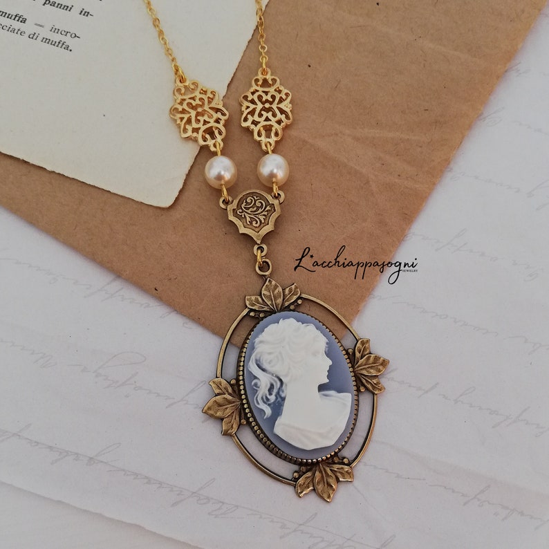 Victorian Cameo Necklace with art deco accents, Victorian Light Blue Lady Cameo Necklace image 2