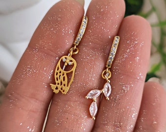 Athena Goddess Owl Earrings: Gold Greek Mythology Hoops with Cubic Zirconia
