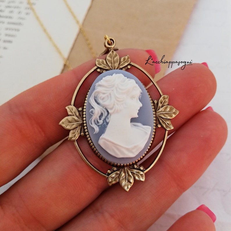 Victorian Cameo Necklace with art deco accents, Victorian Light Blue Lady Cameo Necklace image 3