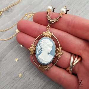 Victorian Cameo Necklace with Floral accents, Victorian Light Blue Lady Cameo Necklace image 8